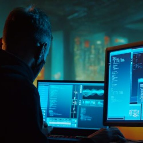 Computer Hacker in Hoodie. Obscured Dark Face. Hacker Attack, Virus Infected Software, Dark Web and Cyber Security concept.