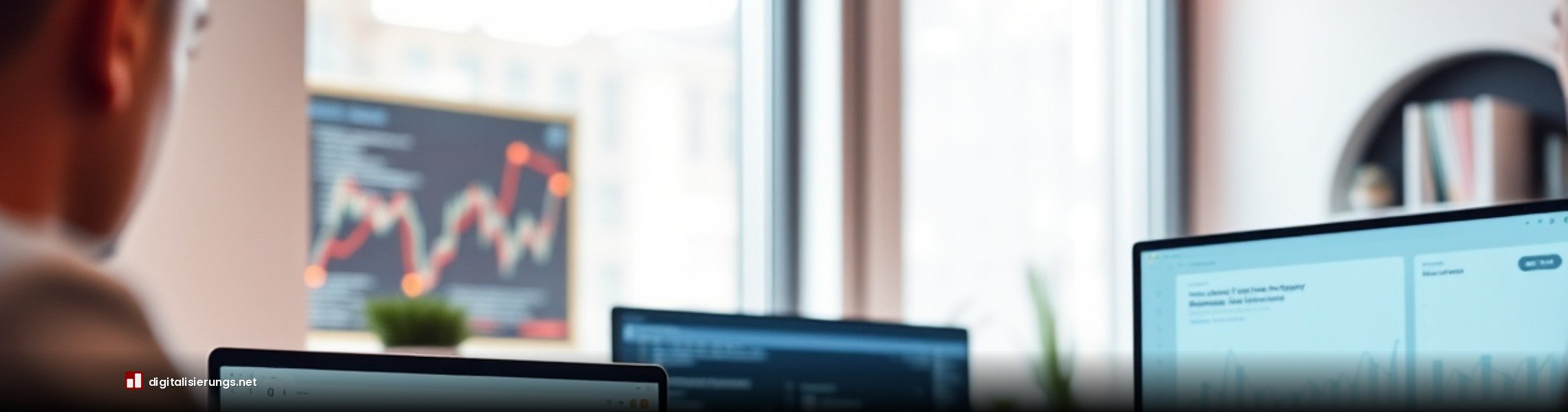 Ein moderner Büroschreibtisch mit einem Laptop, der eine Datenvisualisierung zeigt, im Hintergrund ein dezent angedeutetes technologisches Netzwerk.