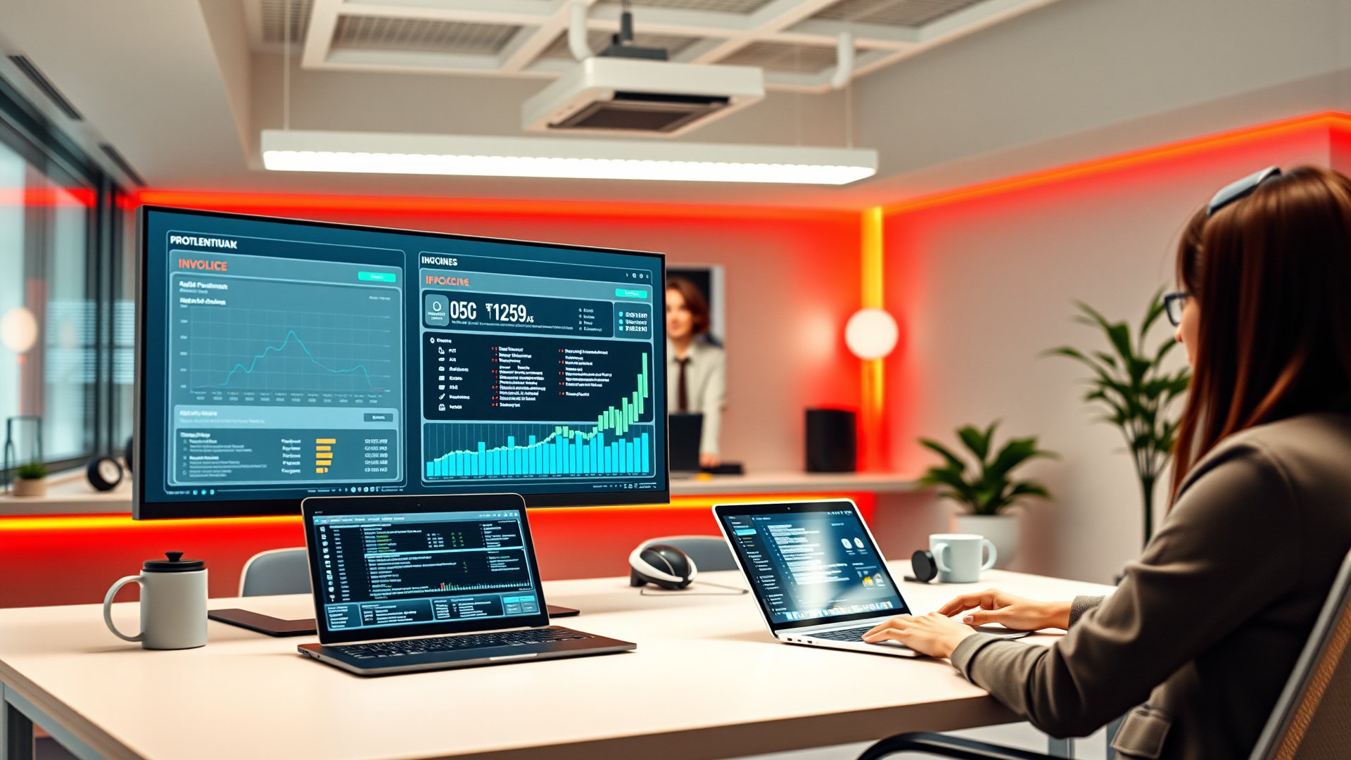 Ein digitaler Workflow zeigt eine automatisierte Rechnungserkennung mit Datenfeldern und einem Häkchen für die erfolgreiche Verarbeitung